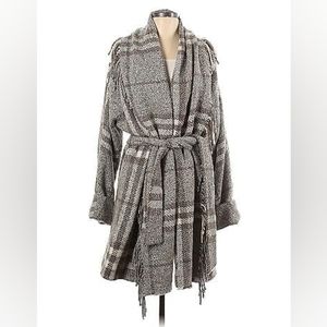 Burberry London Wool Alpaca Blended Tweed Wrap Fringe Belted Plaid Check Coat 6